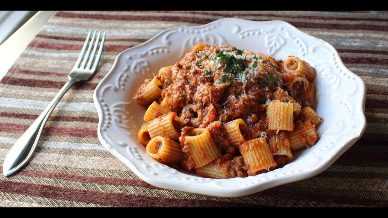 Bolognese Sauce - Marcella Hazan-Inspired Meat Sauce Recipe - Rigatoni Bolognese