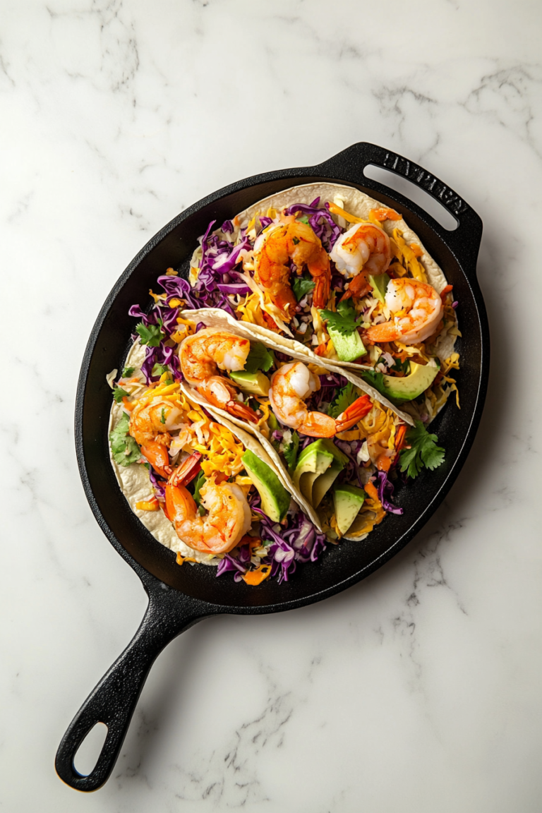 serving spicy shrimp tacos with fresh cilantro and chilies on a plate