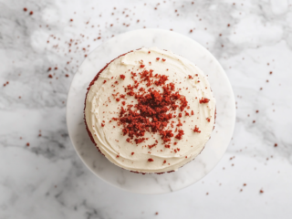 A stunning homemade red velvet cake, beautifully frosted with creamy cream cheese frosting, showcasing the vibrant red layers and perfect smooth finish, ready to be served as a delicious dessert.