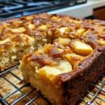 The freshly baked apple cake sits on a cooling rack, with a few pieces cut and ready to be served. The cake is golden brown with visible chunks of apples in each slice.