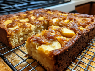 The freshly baked apple cake sits on a cooling rack, with a few pieces cut and ready to be served. The cake is golden brown with visible chunks of apples in each slice.