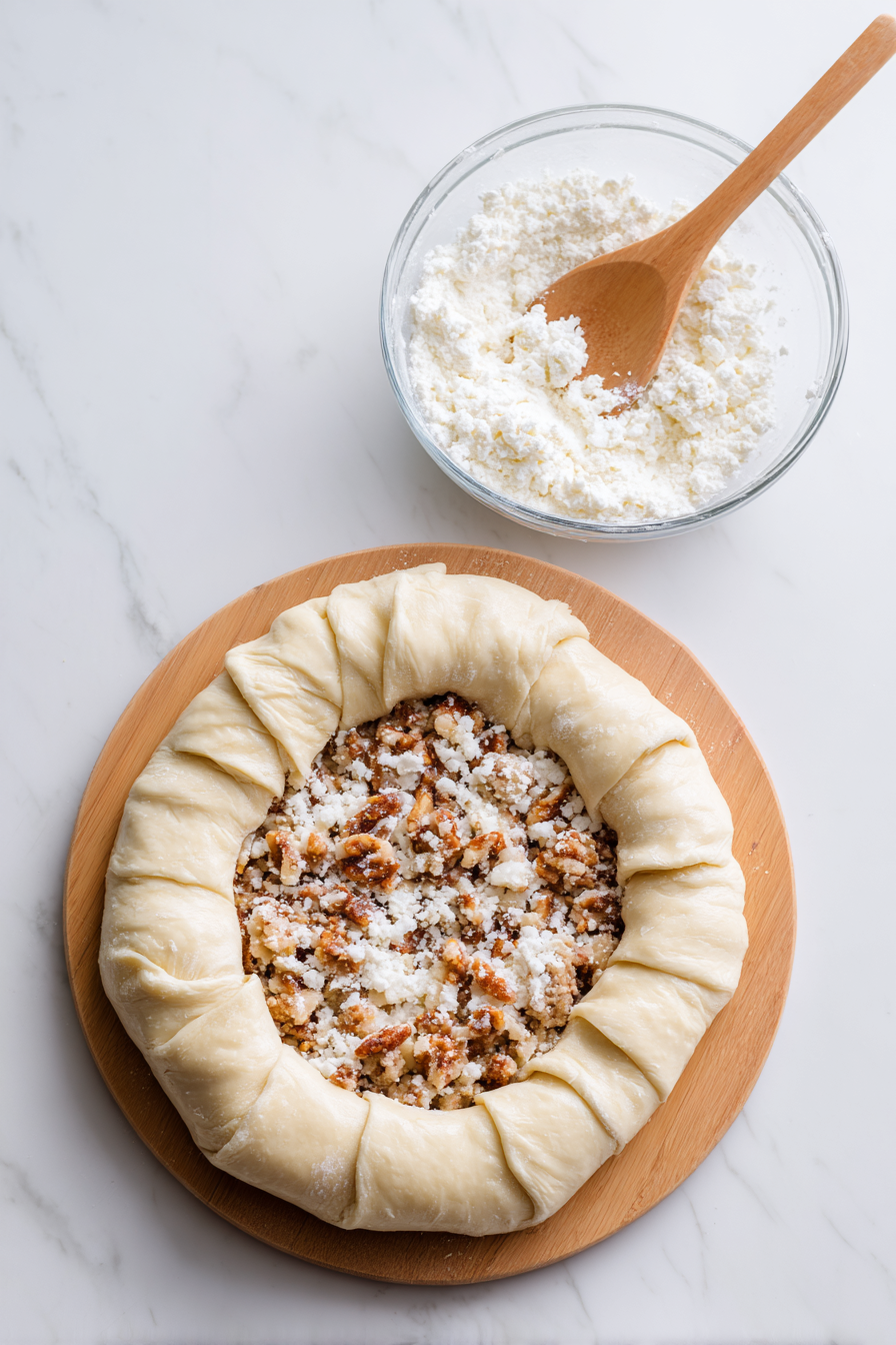 Spoon the filling onto the wide ends of the crescent dough, evenly distributing it around the ring.
