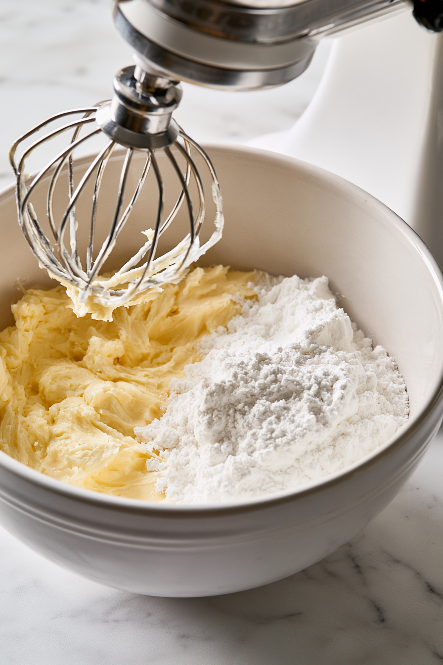 Gradually add powdered sugar while mixing