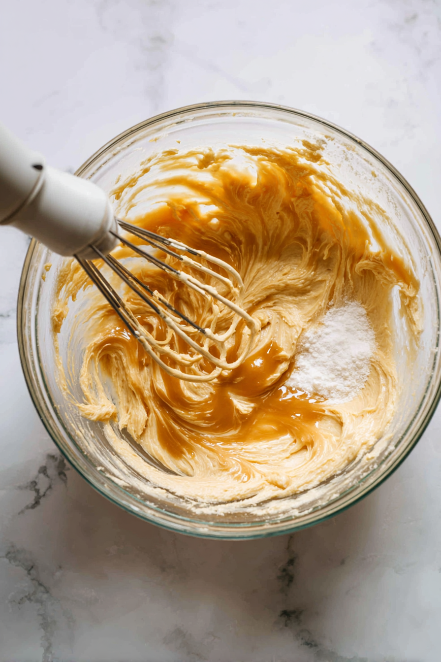 For the frosting, beat butter, powdered sugar, and caramel sauce until smooth. Add a pinch of salt for balance.
