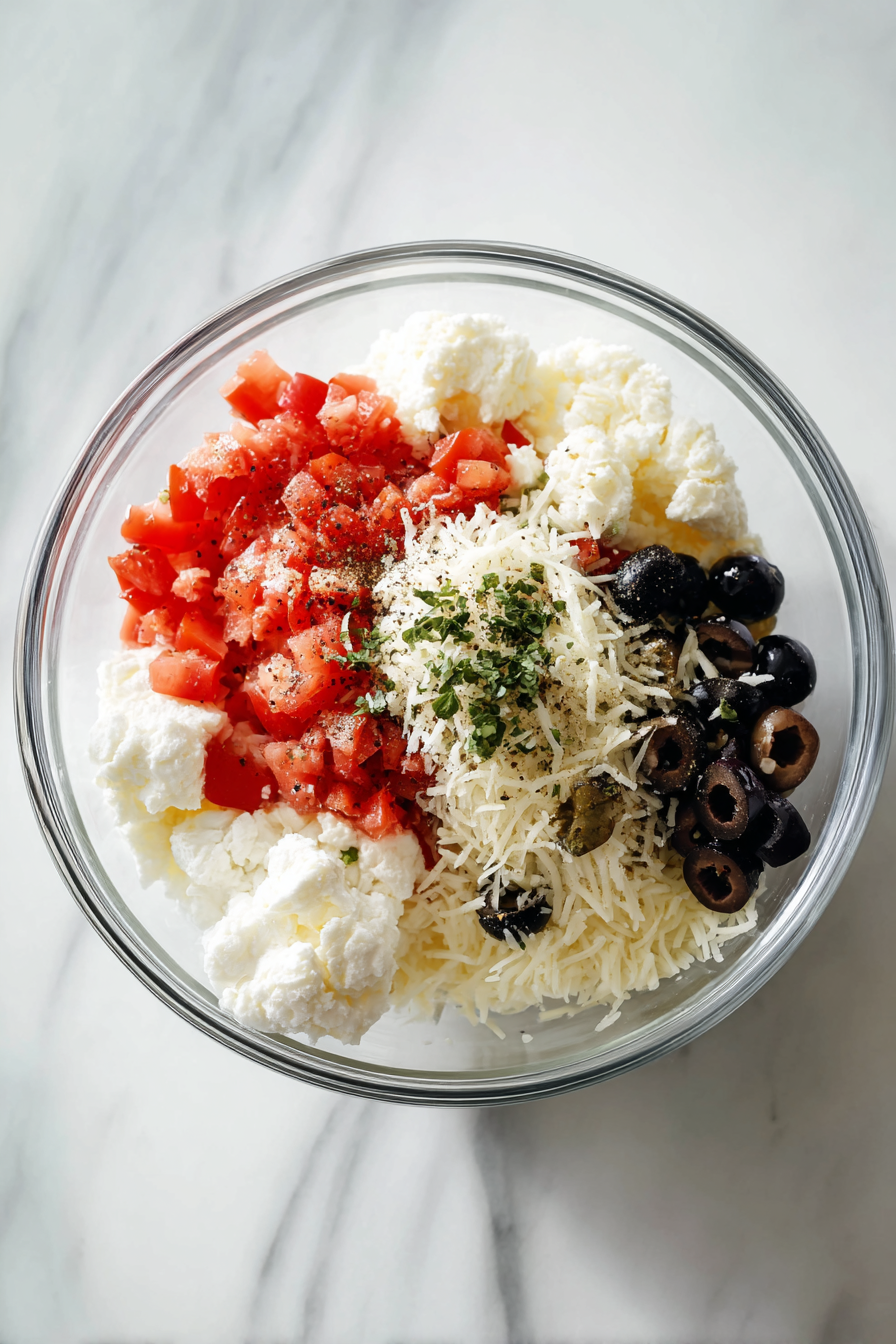 In a mixing bowl, combine mozzarella cheese, diced tomatoes, chopped basil, Parmesan cheese, black olives, minced garlic, olive oil, salt, and pepper. Mix well.