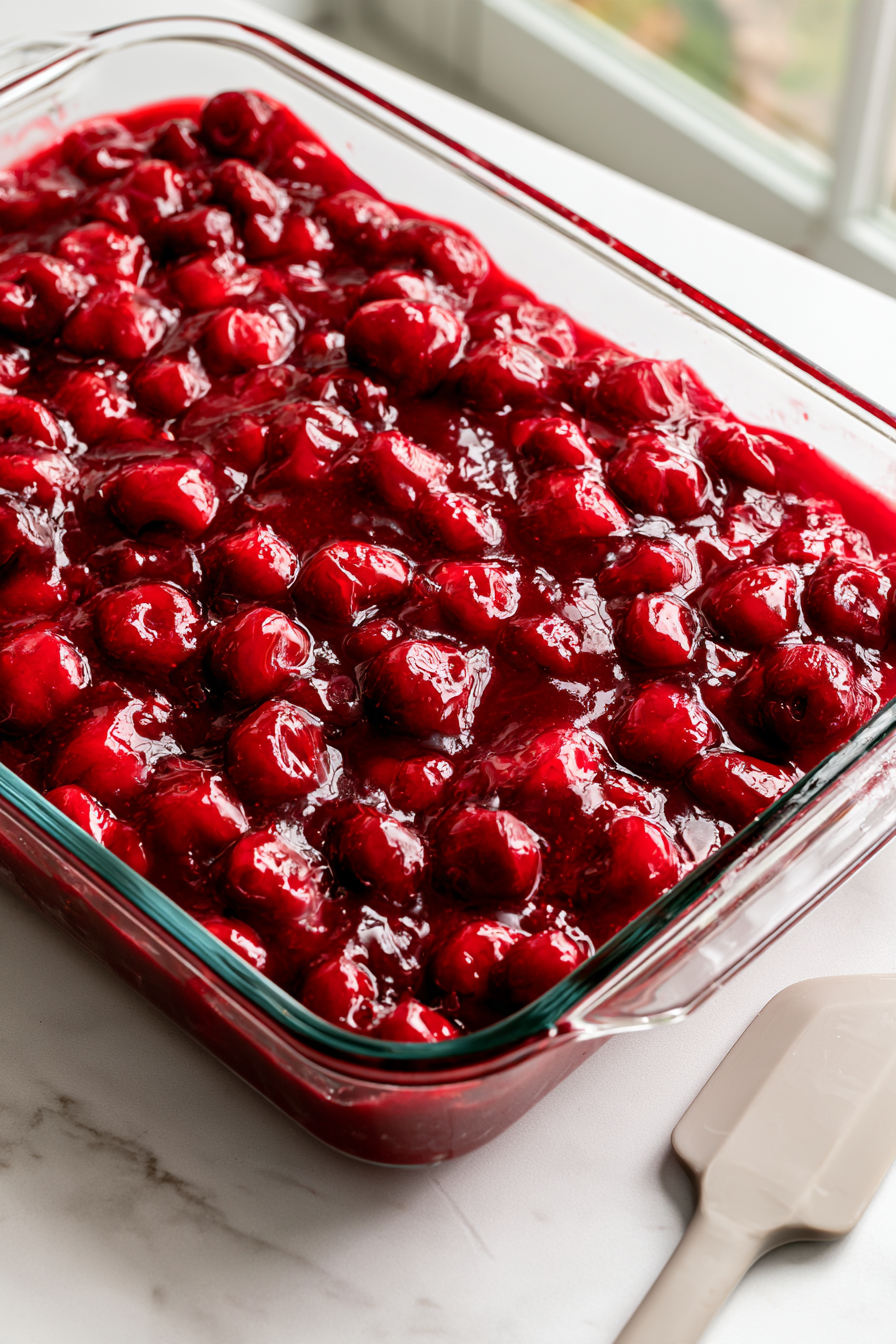 Pour the cherry pie filling into the baking dish