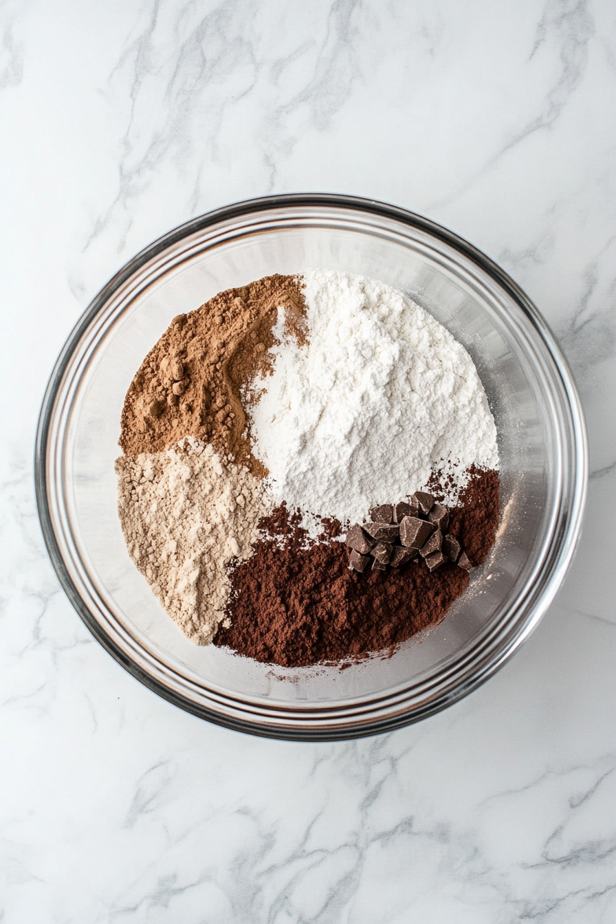 In a large mixing bowl, whisk together flour, sugar, cocoa powder, baking powder, baking soda, and salt.