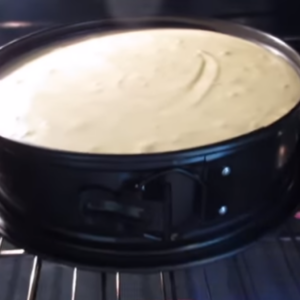 This image shows the process of baking cheesecake