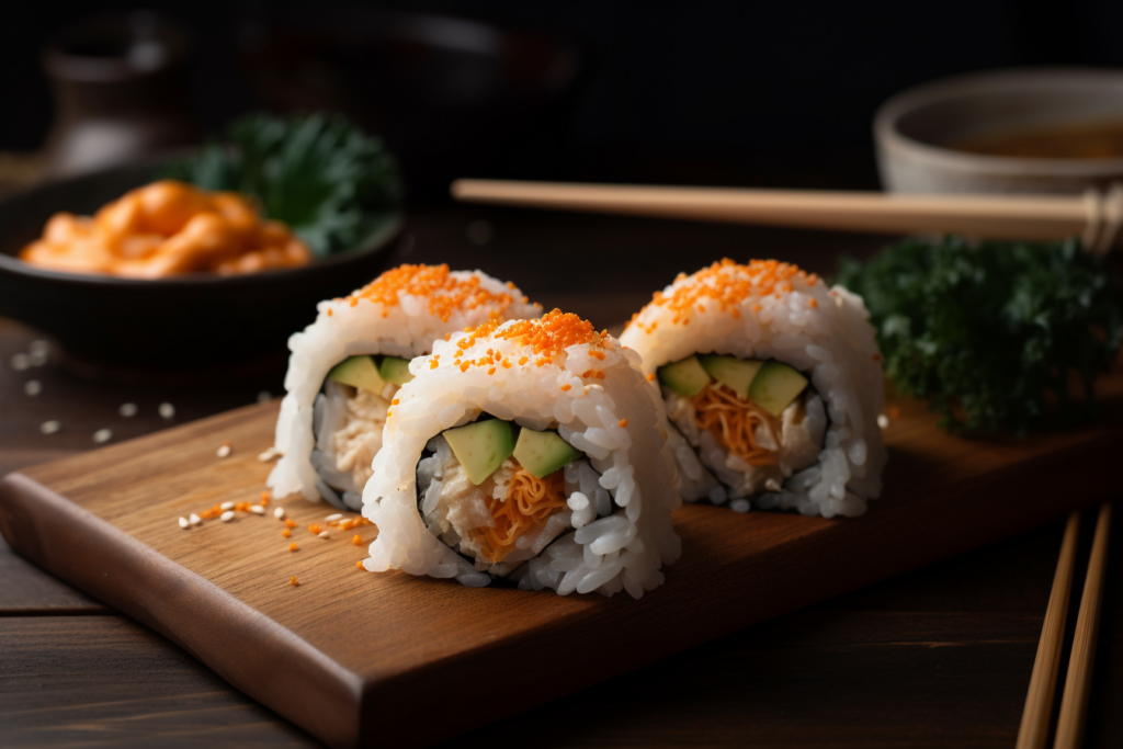 This image shows appealing spicy crab rolls in bite-sized pieces.