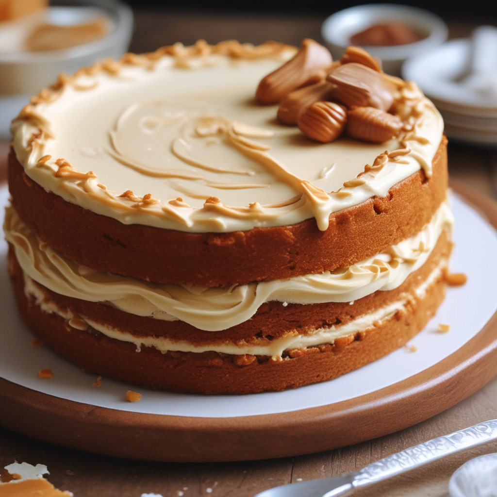 The image shows dulce de leche cake ready to serve