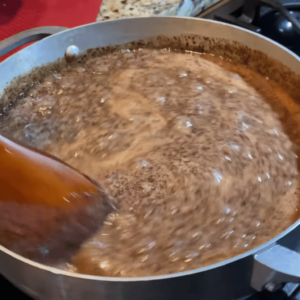 The image shows the process of making Making Chocolate Icing for smith island cake