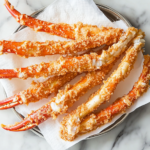 A top-down view of golden brown and crispy fried crab legs being placed on a paper towel-lined plate or tray on a marble countertop. The excess oil is being drained on the paper towels, with soft natural light highlighting the crunchy texture. The scene is clean and inviting, focusing entirely on the freshly fried crab legs ready to be served.