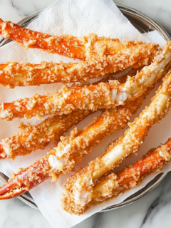 A top-down view of golden brown and crispy fried crab legs being placed on a paper towel-lined plate or tray on a marble countertop. The excess oil is being drained on the paper towels, with soft natural light highlighting the crunchy texture. The scene is clean and inviting, focusing entirely on the freshly fried crab legs ready to be served.