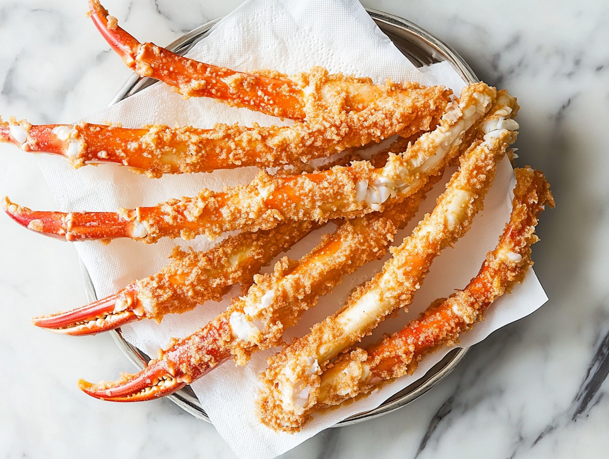 A top-down view of golden brown and crispy fried crab legs being placed on a paper towel-lined plate or tray on a marble countertop. The excess oil is being drained on the paper towels, with soft natural light highlighting the crunchy texture. The scene is clean and inviting, focusing entirely on the freshly fried crab legs ready to be served.