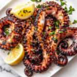 the image shows the grilled octopus dish ready to serve