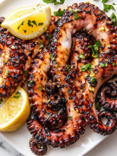 the image shows the grilled octopus dish ready to serve