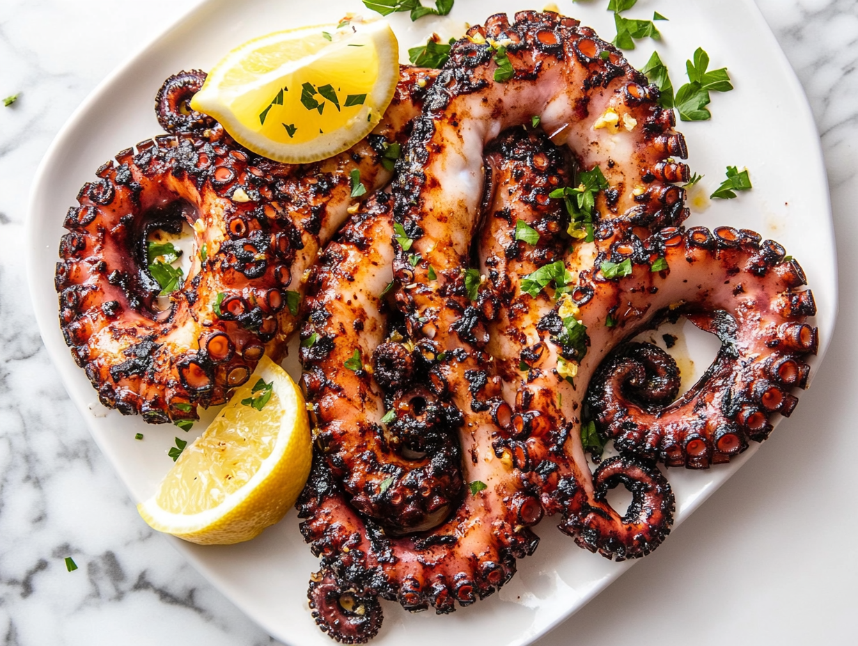 the image shows the grilled octopus dish ready to serve