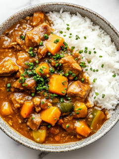 the image shows the japanese pork curry ready to serve with the rice