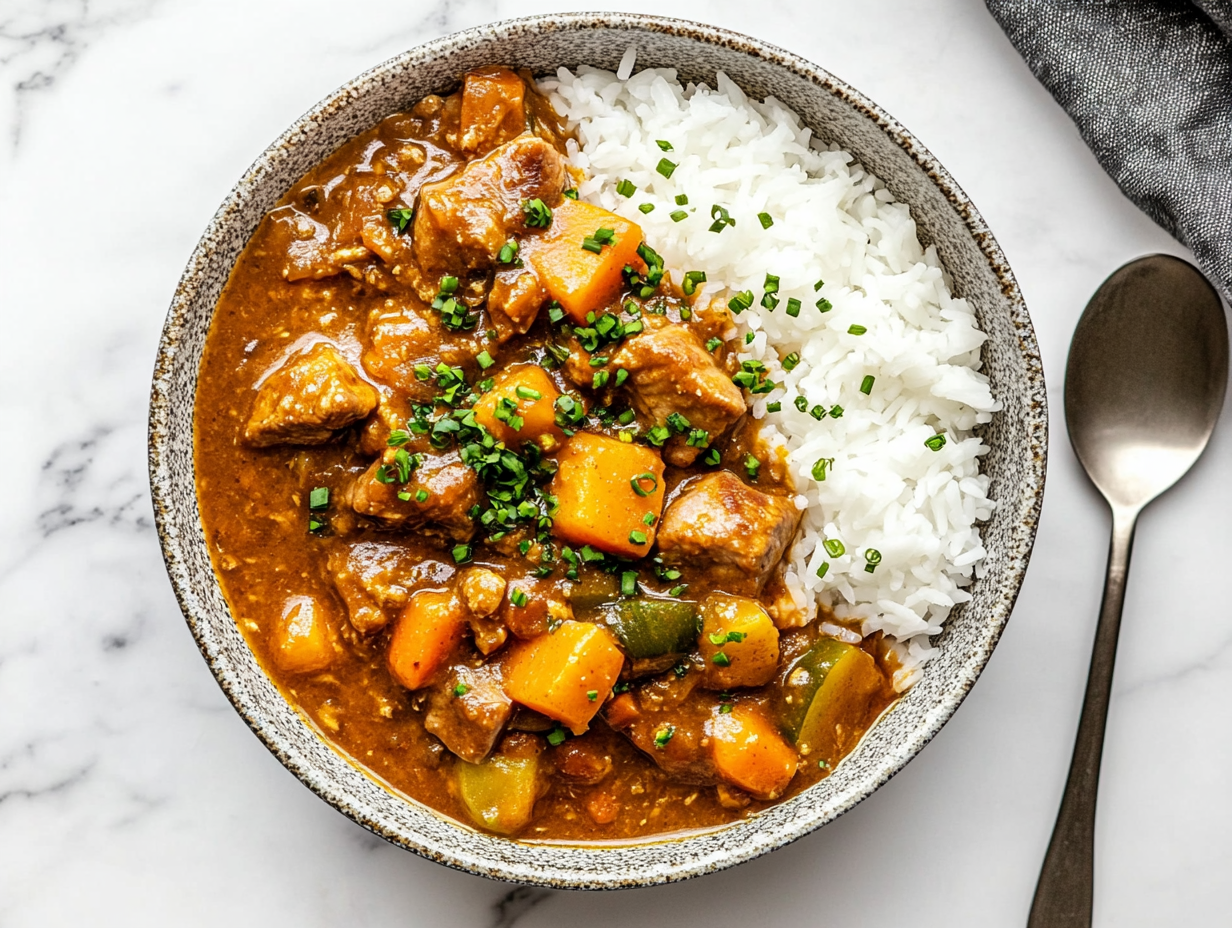 the image shows the japanese pork curry ready to serve with the rice