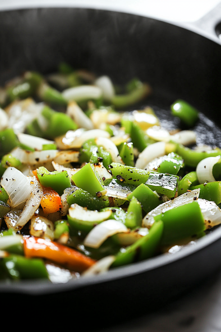 In the same skillet, add the chopped onion, bell pepper, and minced garlic
