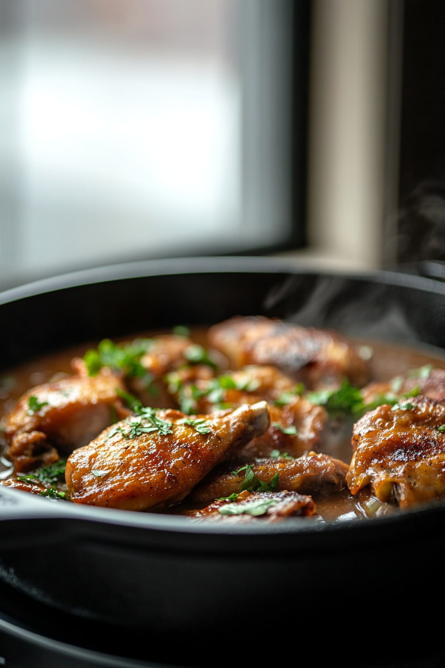 Reduce the heat to low, cover the skillet with a lid, and let the turkey wings simmer gently in the sauce for about 1 to 1.5 hours