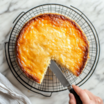 Finished cassava cake on a cooling rack, golden brown with a firm custard topping, being sliced to reveal the soft, moist interior.