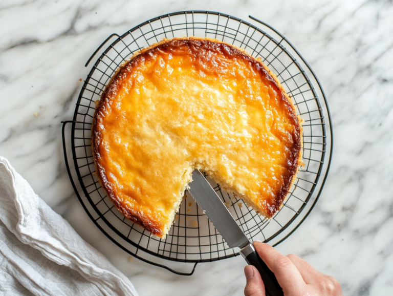 Finished cassava cake on a cooling rack, golden brown with a firm custard topping, being sliced to reveal the soft, moist interior.