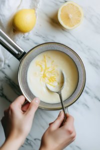 the image shows adding lemon zest and juice to the mixture for lemon panna cotta recipe