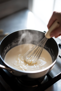 the image shows heating the cream mixture for lemon panna cotta recipe