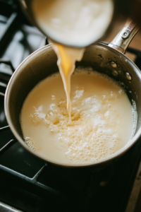 the image shows incorporating the gelatin mix mixture into the cream mixture for lemon panna cotta recipe