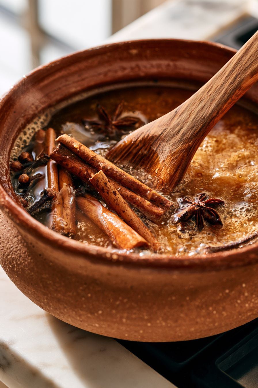 Add water, piloncillo (or brown sugar), cinnamon sticks, cloves, and star anise to a medium saucepan