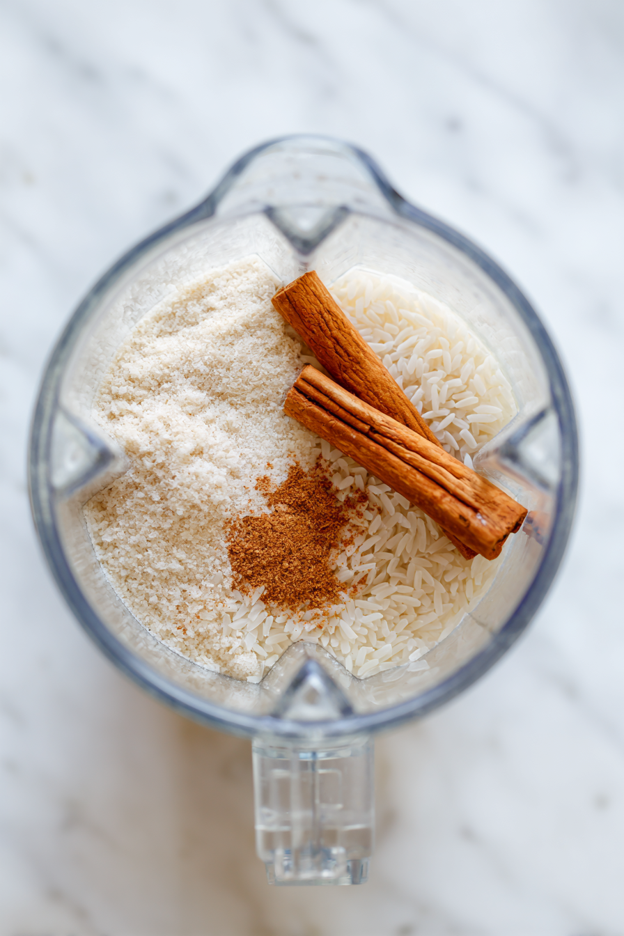 Blend rice, 2 cups of hot water, and Mexican cinnamon sticks until roughly ground.