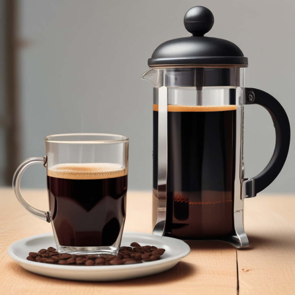 The image shows french press coffee served in a cup