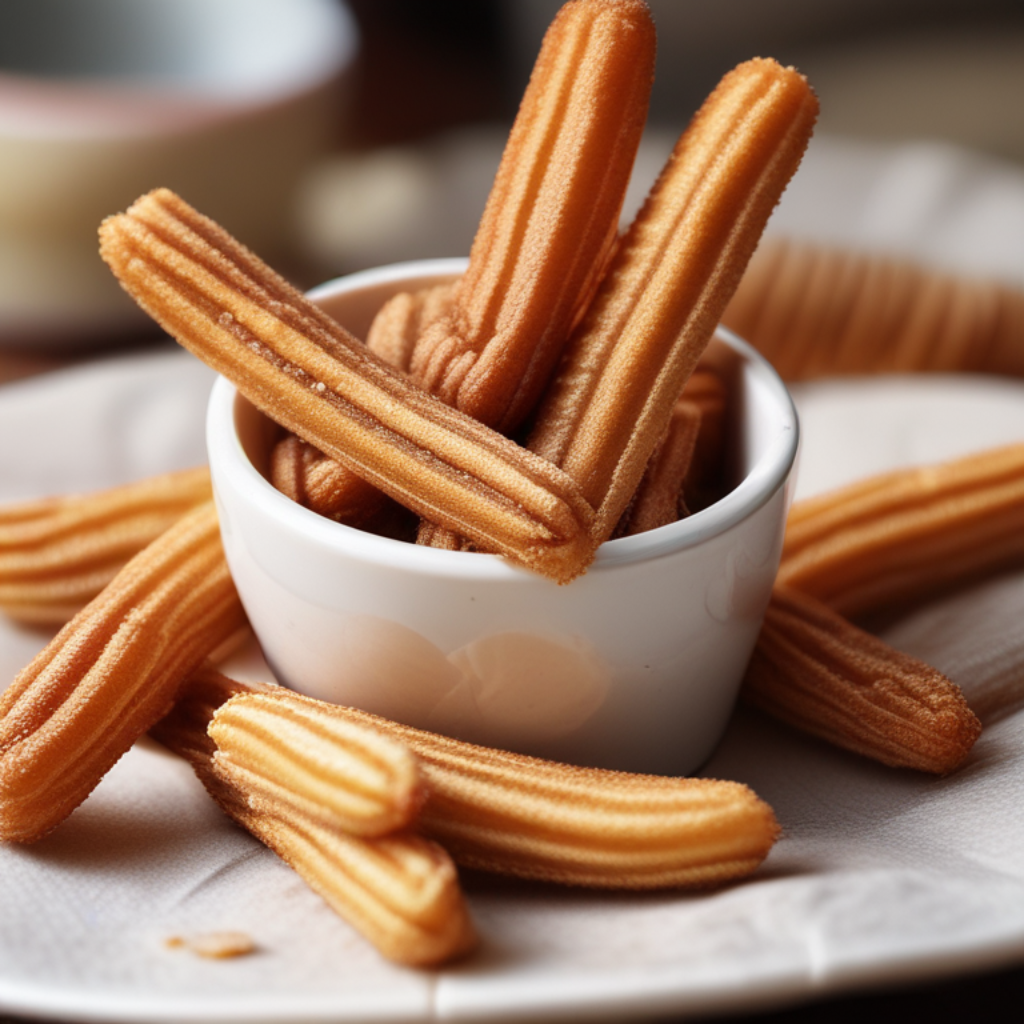 The image shows churros served in a bowl