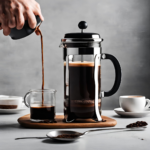 The image shows french press coffee served in a cup with coffee maker on the side