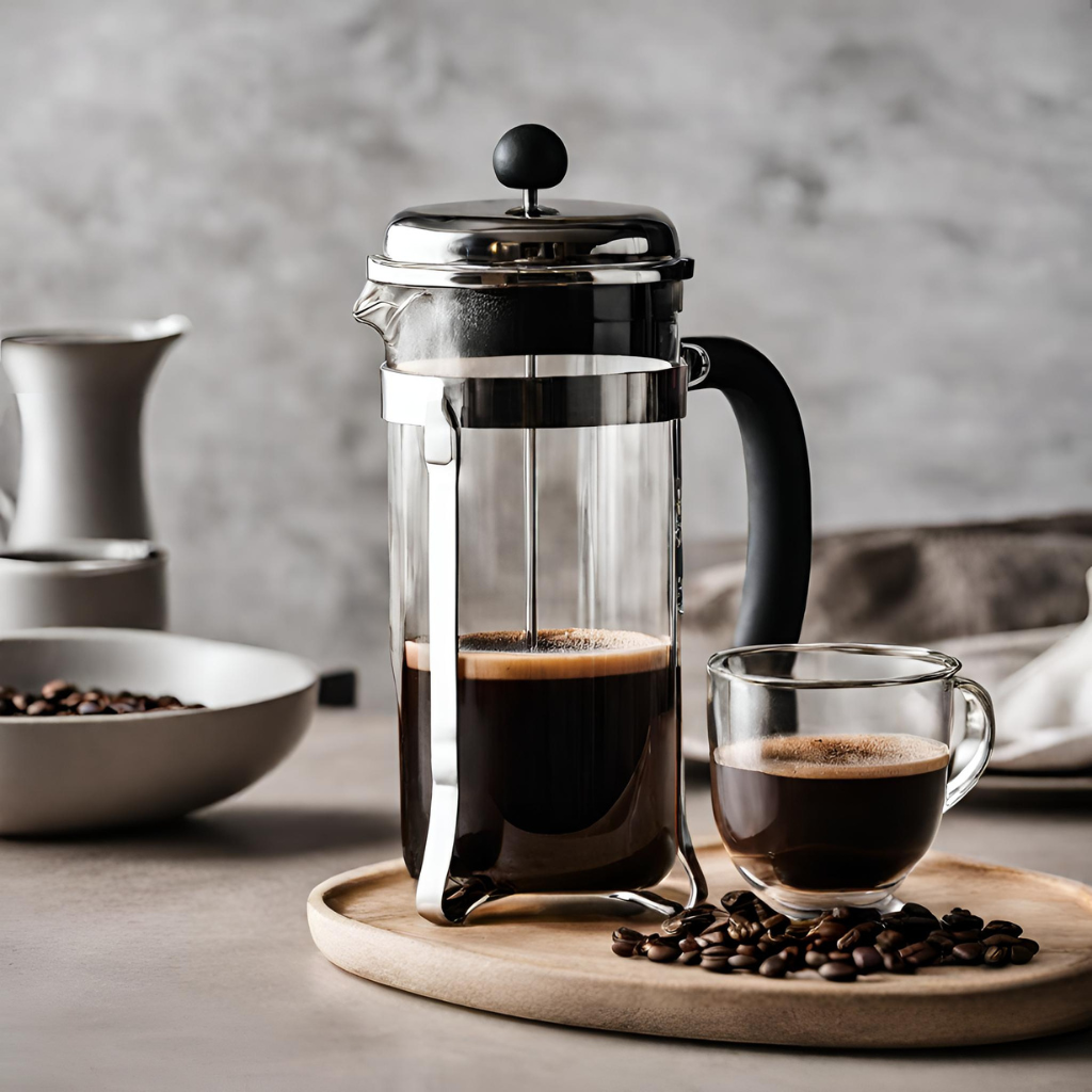 The image shows french press coffee served in a cup with coffee maker on the side