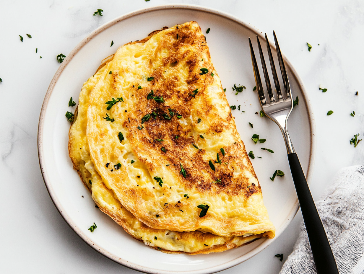 A top-down view of a golden, fluffy cheese omelette served on a white ceramic plate, placed on a white marble countertop. The omelette is folded in half, revealing melted cheese inside, and garnished with finely chopped fresh herbs. The plate is accompanied by a fork and knife, neatly placed beside it. The background is simple and clean, ensuring the focus remains on the rich texture and appealing look of the omelette. This dish is perfect for a quick breakfast or brunch, offering a soft, creamy interior with a slight crisp on the edges.