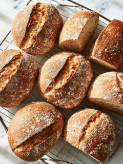 Freshly baked multi-grain bread loaves being removed from pans and placed on a cooling rack, with a knife slicing into one loaf to reveal the soft, airy crumb inside.