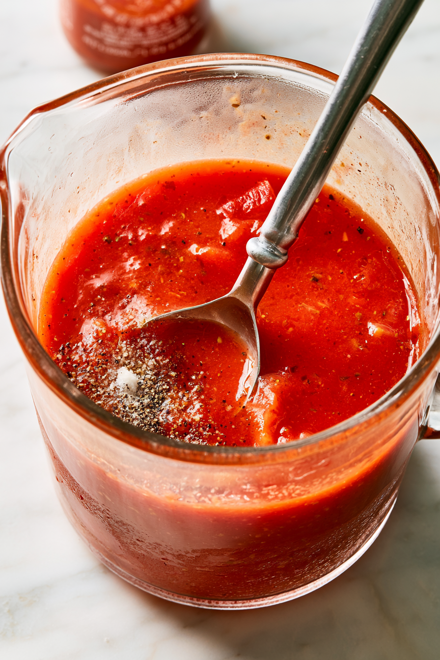 In a large pitcher, combine tomato juice, hot horseradish, Worcestershire sauce, sriracha, celery salt, garlic salt, and black pepper