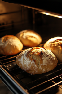 Bread loaves baking in the oven, turning golden brown with a crisp crust forming, as seen through the slightly open oven door.