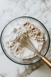 A large mixing bowl with wheat, barley, millet, and rye flours being combined on a marble countertop, creating a uniform blend.