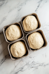 Dough being shaped into 4 loaves and placed in greased pans on a marble countertop, rising again until doubled in size.