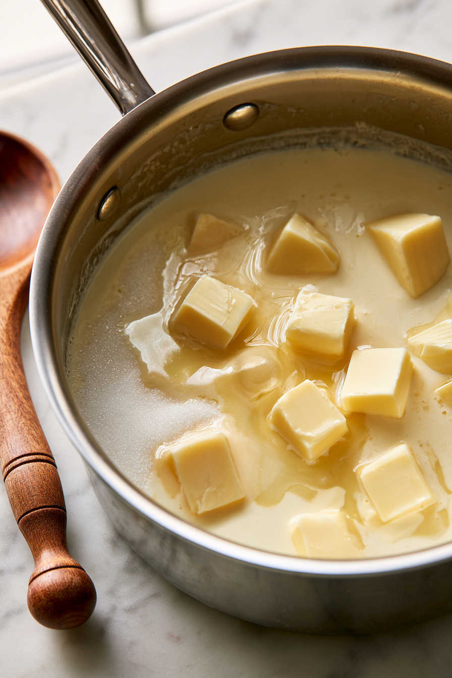 Add sugar, heavy cream, corn syrup, and butter to a heavy-bottomed saucepan