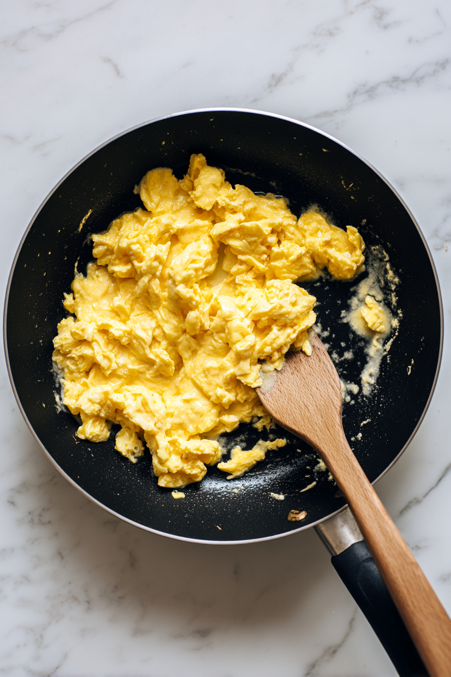 In a skillet, melt butter and scramble the egg mixture until fluffy.
