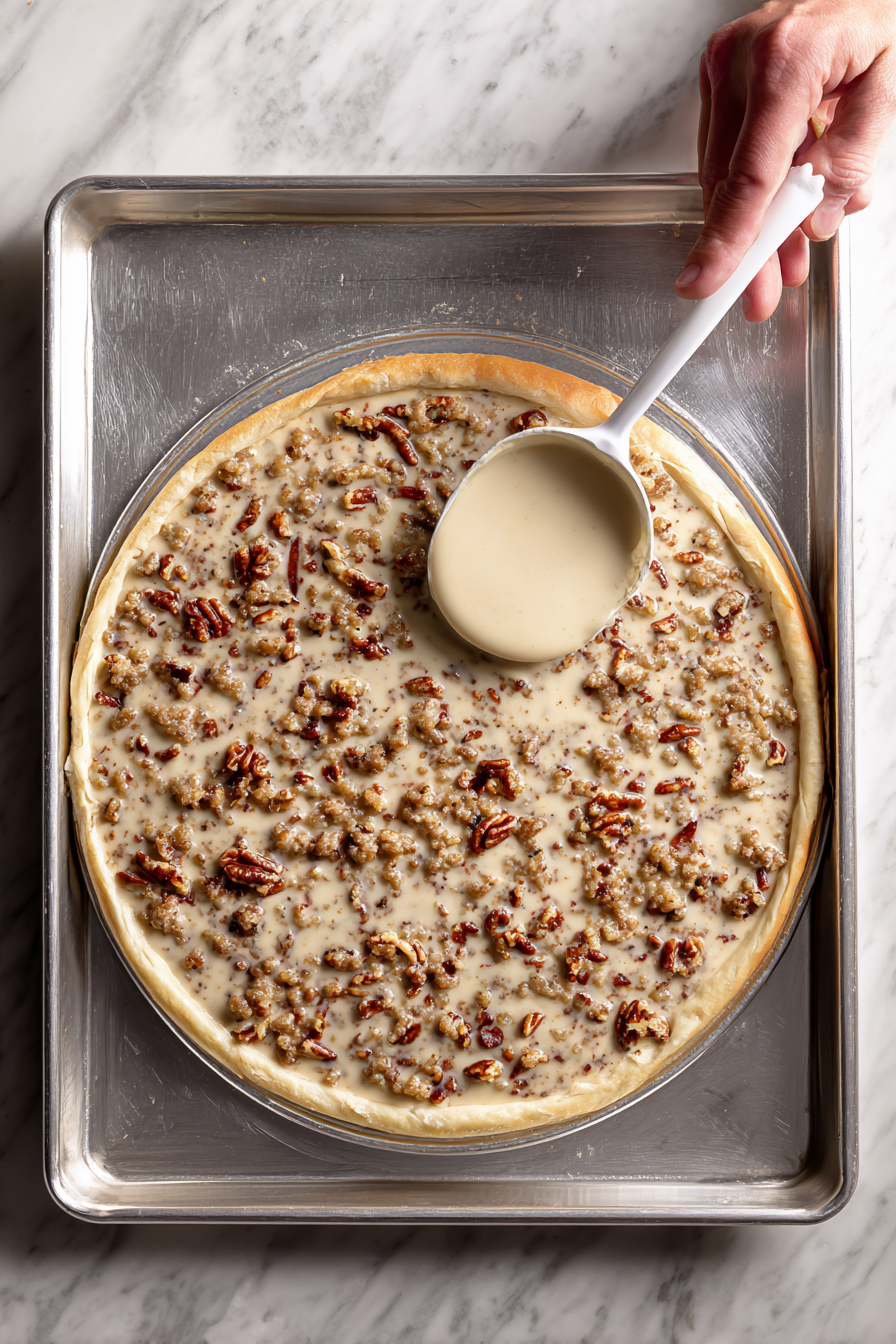 Spread the sausage gravy over the pizza crust.