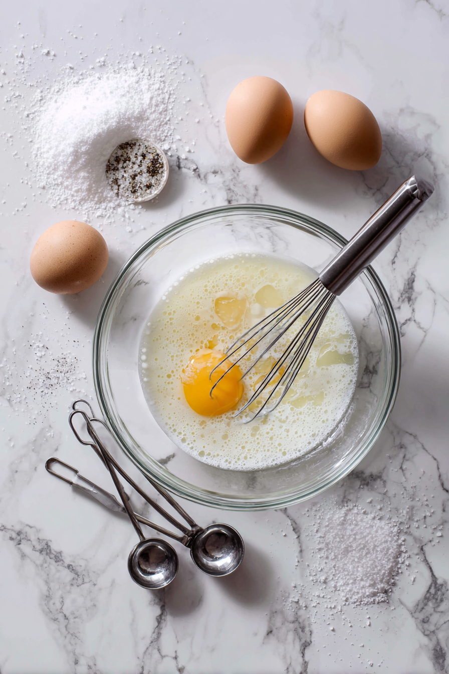 In a bowl, whisk together eggs, salt, pepper, and milk.