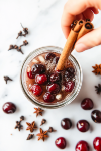 A hand dropping spices into a jar filled with dissolved sugar and alcohol mixture on a marble countertop, with cherries and reserved juices already added.