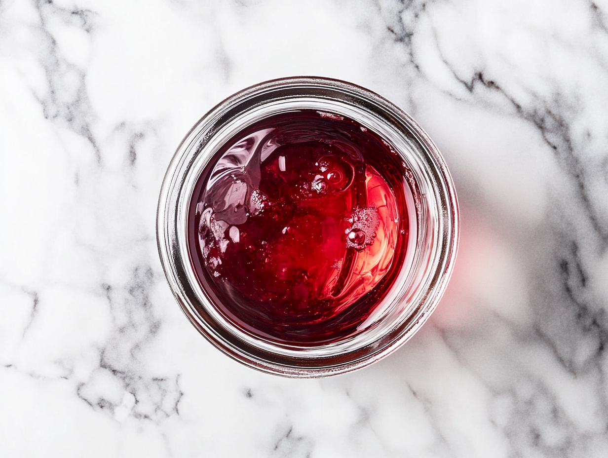 Clear cherry-infused liquid being poured into a 1-quart jar on a marble countertop, ready for storage with the sediment left behind.