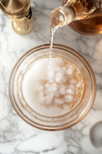 Vodka (or brandy, or bourbon) being poured into a 2-quart jar on a marble countertop. Granulated sugar is added, and the jar is shaken until the sugar dissolves.