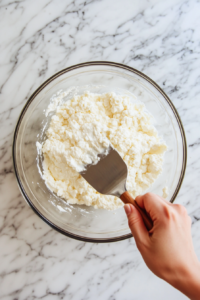 A top-down view of a mixing bowl on a marble countertop with cottage cheese, flour, baking powder, and salt being mixed into a smooth dough. A spatula or hand is seen combining the ingredients, with soft natural light highlighting the mixture.